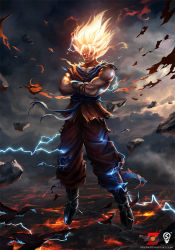 Rule 34 | 1boy, blonde hair, boots, bryan marvin p. sola, crossed arms, dougi, dragon ball, dragonball z, electricity, floating, full body, glowing, glowing eyes, glowing hair, male focus, muscular, no pupils, serious, sleeveless, solo, son goku, spiked hair, super saiyan, super saiyan 1, torn clothes, wristband, yellow eyes