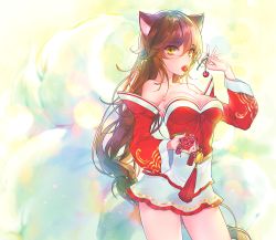 Rule 34 | 1girl, ahri (league of legends), animal ears, bad id, bad twitter id, bare shoulders, breasts, brown hair, cleavage, collarbone, cowboy shot, detached sleeves, dress, eating, fingernails, food, fox ears, fox tail, fruit, hair between eyes, hands up, holding, holding food, holding fruit, joypyonn, korean clothes, league of legends, legs apart, long hair, long sleeves, looking at viewer, medium breasts, mouth hold, multiple tails, red dress, slit pupils, solo, strapless, strapless dress, tail, tassel, very long hair, yellow eyes