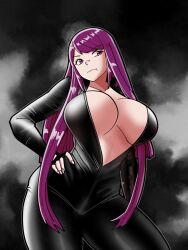 Rule 34 | 1girl, bodysuit, breasts, bursting breasts, cleavage, fingerless gloves, fire emblem, gloves, hand on own hip, highres, huge breasts, legs, long hair, nintendo, purple eyes, purple hair, solo, thick thighs, thighs, unzipped, wide hips