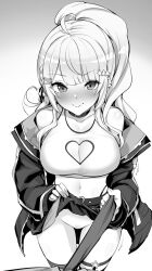 Rule 34 | 1boy, 1girl, ahoge, asymmetrical legwear, bar censor, belt, blush, braid, breasts, censored, cleavage, cleavage cutout, closed mouth, clothes lift, clothing cutout, collar, collarbone, crop top, ear piercing, hair ornament, hairclip, heart, heart belt, heart cutout, hololive, jacket, large breasts, lifting own clothes, long hair, looking at viewer, midriff, miniskirt, mismatched legwear, monochrome, mp150 plus, navel, necktie, necktie grab, neckwear grab, no panties, o-ring, official alternate costume, official alternate hair length, official alternate hairstyle, open clothes, open jacket, piercing, pleated skirt, ponytail, pov, pussy, pussy juice, pussy juice trail, side braid, sidelocks, skirt, skirt lift, smile, star (symbol), star hair ornament, star o-ring, streetwear, tank top, thighhighs, virtual youtuber, wide ponytail, yozora mel, yozora mel (streetwear)