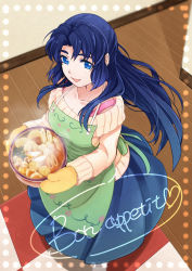 Rule 34 | 1girl, :d, apron, asakura ryouko, blue eyes, blue hair, blue skirt, blush, bra strap, collarbone, daikon, food, french text, from above, half updo, heart, long hair, long sleeves, nao (doublexdutch), oden, open mouth, oven mitts, pleated skirt, radish, sidelocks, skirt, smile, solo, spinning, steam, suzumiya haruhi no shoushitsu, suzumiya haruhi no yuuutsu, sweater, thick eyebrows