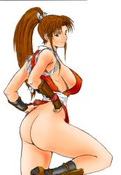 Rule 34 | 1girl, ass, bottomless, breasts, fatal fury, large breasts, no panties, shiranui mai, simple background, snk, solo, the king of fighters