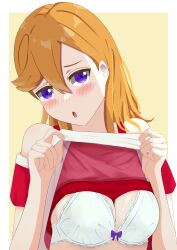 Rule 34 | 1girl, blush, bow, bra, breasts, cleavage, clothes lift, highres, lifted by self, long hair, looking at viewer, love live!, love live! superstar!!, medium breasts, open mouth, orange hair, purple bow, purple eyes, shibuya kanon, shirosaki (nanokait), shirt lift, solo, underwear, upper body
