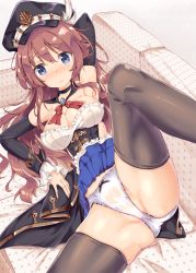 Rule 34 | 10s, 1girl, arm behind head, arm warmers, armpits, bad anatomy, black hat, black thighhighs, blue eyes, blush, breasts, brown hair, cleavage, closed mouth, commentary request, detached sleeves, embarrassed, eyebrows, fukuda shuushi, granblue fantasy, hair between eyes, hat, highres, large breasts, lecia (granblue fantasy), leg up, looking at viewer, panties, pantyshot, partially visible vulva, solo, thighhighs, underbust, underwear, white panties