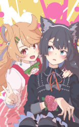 Rule 34 | 2girls, animal ears, black hair, blue eyes, blush, bow, brown eyes, brown hair, cat ears, dress, earrings, hair ornament, hairband, hairclip, hand on another&#039;s shoulder, highres, jewelry, kagawa yuusaku, long hair, looking at another, looking at viewer, multiple girls, open mouth, original, pinafore dress, sleeveless dress, v