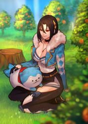 Rule 34 | 1girl, absurdres, animal, animal ears, black hair, breasts, cleavage, fire emblem, fire emblem engage, food, fruit, fur trim, gloves, hair between eyes, hair ornament, highres, jewelry, large breasts, long sleeves, necklace, nel (fire emblem), nintendo, parted bangs, petting, red eyes, sethkiel, short hair, smile, sommie (fire emblem), tail