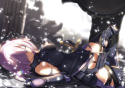 Rule 34 | 1girl, armpit peek, bare shoulders, black dress, black thighhighs, blurry, breasts, closed mouth, depth of field, dress, elbow gloves, fate/grand order, fate (series), gloves, hair over one eye, highres, knee up, light particles, lying, mash kyrielight, medium breasts, on back, purple gloves, purple hair, shield, short dress, short hair, sideboob, sleeping, smile, solo, sword, thighhighs, tsuuhan, weapon