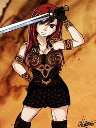 Rule 34 | 1girl, armor, armored boots, boots, bracelet, breasts, brown eyes, cosplay, erza scarlet, fairy tail, faulds, gloves, greaves, highres, holding, holding sword, holding weapon, jewelry, long hair, manea oana, over shoulder, pauldrons, red hair, shoulder armor, sword, vambraces, weapon, xena, xena: warrior princess
