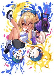 Rule 34 | 1girl, aiming, aiming at viewer, ass, bike shorts, blonde hair, boots, bow, breasts, commentary request, dark-skinned female, dark skin, domino mask, elfriend (shiranui flare), finger on trigger, full body, grin, hair bow, highres, hololive, impossible clothes, impossible shirt, inkling, inkling player character, large breasts, mask, nabenabe3104, nintendo, orange eyes, paint stains, ponytail, shiranui flare, shirt, skin tight, smile, splatoon (series), tentacle hair, virtual youtuber