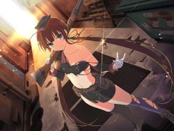Rule 34 | 1girl, ahoge, alley, axe, belt, belt pouch, black ribbon, blue eyes, bolt action, brown belt, brown hair, bullet, buttons, cargo pallet, closed mouth, collarbone, cross-laced footwear, door, double-breasted, dumpster, flat chest, gloves, grate, green eyes, gun, hair ribbon, hairband, hat, hebijo academy uniform, heterochromia, holding, holding axe, holding gun, holding weapon, industrial pipe, infinity symbol, lens flare, light particles, linea alba, long hair, long sleeves, looking at viewer, low twintails, military hat, military uniform, official alternate costume, official art, pouch, puddle, purple thighhighs, red hairband, ribbon, rifle, ryoubi (senran kagura), school uniform, senran kagura, senran kagura new link, senran kagura shinovi versus, shiny skin, smile, sniper rifle, solo, standing, thighhighs, torn boots, torn clothes, torn sleeve, torn thighhighs, tossing, twintails, uniform, very long hair, weapon, white gloves, yaegashi nan
