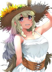 Rule 34 | 10s, 1girl, alternate costume, animal ears, arm behind back, arm up, bare arms, bare shoulders, blonde hair, collarbone, commentary request, corset, dated, dress, ears through headwear, extra ears, eyes visible through hair, flower, hand on headwear, happa (cloverppd), hat, hat flower, kemono friends, lips, long hair, looking at viewer, parted lips, purple eyes, rhinoceros ears, signature, simple background, sleeveless, sleeveless dress, smile, solo, spaghetti strap, straw hat, sun hat, sundress, sunflower, upper body, very long hair, white background, white dress, white rhinoceros (kemono friends)