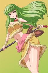 Rule 34 | 00s, 1girl, bandages, breasts, c.c., choker, code geass, fur, green hair, jewelry, long hair, medium breasts, microphone, microphone stand, midriff, necklace, non-web source, skirt, solo, standing, yellow eyes