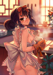 Rule 34 | 1girl, apron, ass, blush, breasts, brown eyes, brown hair, chinese food, cooking, flower, glasses, gloves, hair bun, highres, kitchen, koihime musou, mittens, monocle, monocle chain, naked apron, nipples, plant, ribbon, ryomou, shin koihime musou, shirane taito, single hair bun, small breasts, solo, sunlight, window