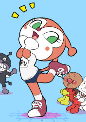 Rule 34 | 1girl, 3boys, alternate costume, anpanman, anpanman (character), baikinman, blue background, blue buruma, blush, blush stickers, buruma, character name, clothes writing, colored skin, dokin-chan, female focus, flat chest, full body, green eyes, gym uniform, hand to own mouth, hands up, happy, highres, japanese text, knees up, leg up, legs, looking at another, looking to the side, multicolored skin, multiple boys, notice lines, oira wa arumajiro, open mouth, own hands together, pink skin, red footwear, shirt, shoes, shokupanman, short sleeves, simple background, sitting, smile, sneakers, socks, solo focus, standing, standing on one leg, translated, two-tone skin, white shirt, white skin, white socks