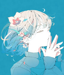 Rule 34 | 1girl, absurdres, blue background, closed eyes, collared shirt, colored skin, commentary request, ear piercing, eyelashes, flower, from side, grey hair, hair flower, hair ornament, hand to own mouth, hands up, highres, lily (flower), long sleeves, nail polish, nocopyrightgirl, original, parted lips, piercing, shirt, short hair, simple background, solo, steepled fingers, white skin