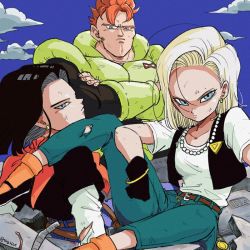 Rule 34 | 1girl, 2boys, android 16, android 17, android 18, bandana, belt, black footwear, black gloves, black hair, black shirt, blonde hair, blue eyes, blue sky, bracelet, brother and sister, cloud, cloudy sky, commentary request, crossed arms, day, denim, dirty, dirty clothes, dirty face, dragon ball, dragonball z, earrings, elbow rest, expressionless, eyelashes, fingernails, frown, gloves, jeans, jewelry, long sleeves, looking away, looking back, messy hair, multiple boys, neckerchief, necklace, orange bandana, orange hair, orange neckerchief, orange socks, outdoors, pants, pearl necklace, red ribbon army, rock, serious, shaded face, shirt, short hair, siblings, single earring, sitting, sky, socks, spiked hair, tkgsize, twins, twitter username, waistcoat, white shirt