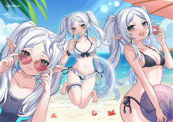 1girl ball beach beachball bikini blush breasts earrings elf frieren green_eyes grey_hair innertube jewelry long_hair looking_at_viewer multiple_views one-piece_swimsuit open_mouth parted_bangs petite pointy_ears shore small_breasts smile sousou_no_frieren swim_ring swimsuit ten-chan_(eternal_s) thick_eyebrows twintails