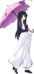 Rule 34 | 1girl, ahoge, aqua eyes, black hair, blush, from side, full body, holding, holding umbrella, kako (kancolle), kantai collection, long hair, long skirt, looking at viewer, official alternate costume, official art, pink umbrella, purple shirt, shirt, skirt, torn clothes, torn umbrella, transparent background, ugume, umbrella, white skirt