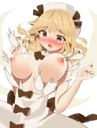 Rule 34 | 1girl, :o, blonde hair, blush, breasts, bursting breasts, dress, fang, fujiko (emnprmn), full-face blush, highres, large breasts, luna child, nipples, open mouth, red eyes, short hair, simple background, skin fang, solo, torn clothes, torn dress, touhou, white background, white dress, white headwear