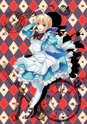 Rule 34 | 1girl, :d, ahoge, alice (alice in wonderland), alice (alice in wonderland) (cosplay), alice in wonderland, alternate costume, animal ears, argyle, argyle background, argyle clothes, artoria pendragon (all), artoria pendragon (fate), blonde hair, cardigan, clubs, cosplay, crown, diamond (gemstone), fate/stay night, fate (series), fork, green eyes, heart, mary janes, open mouth, pantyhose, playing card theme, postmark, saber (fate), shoes, smile, solo, spade, watch, white pantyhose, yuki hikari