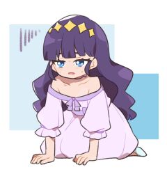 Rule 34 | 1girl, altorealize, blue eyes, blunt bangs, commentary request, delicious party precure, diamond hairband, dress, kasai amane, long hair, open mouth, precure, purple dress, purple hair, solo