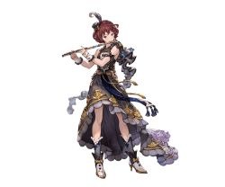 Rule 34 | 10s, 1girl, blue eyes, boots, bow, dress, feathers, flute, frills, full body, granblue fantasy, hair ornament, instrument, knee boots, minaba hideo, official art, pamela (granblue fantasy), red hair, ribbon, short hair, sleeveless, solo, transparent background, wrist cuffs