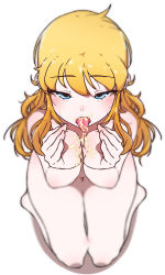 Rule 34 | blonde hair, blue eyes, blurry, blush, cum, cum in mouth, cum on hands, cum on tongue, cupping hands, curly hair, doodoo (katai niku), expressionless, from above, hair between eyes, half-closed eyes, hands up, highres, long hair, nude, open mouth, original, own hands together, seiza, simple background, sitting, tongue, tongue out, white background
