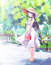Rule 34 | 1girl, bag, blush, breasts, day, dress, closed eyes, full body, handbag, hat, highres, long hair, medium breasts, open mouth, original, outdoors, purple hair, smile, solo, standing, straw hat, sundress, sunlight, tree, v-mag