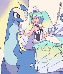 Rule 34 | 1girl, :d, aurorus, commentary request, creatures (company), crossover, dress, eyelashes, game freak, gen 6 pokemon, gloves, green eyes, green hair, hands up, hatsune miku, highres, holding, long hair, looking to the side, nintendo, open mouth, pokemon, pokemon (creature), project voltage, riding, riding pokemon, rock miku (project voltage), sitting, smile, tiara, twintails, tyako 089, vocaloid