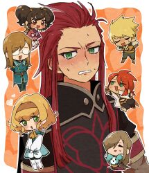 Rule 34 | 3girls, 4boys, anise tatlin, armor, arms behind back, asch (tales), belt, black hair, black pants, blonde hair, blue jacket, blush, boots, brown dress, brown eyes, brown hair, buttons, chibi, closed eyes, commentary request, creature, dress, glasses, green eyes, guy cecil, hair over one eye, hair pulled back, hair ribbon, hairband, heart, highres, jacket, jade curtiss, kuri6 4, long hair, long sleeves, luke fon fabre, mieu (tales), military uniform, multiple boys, multiple girls, natalia luzu kimlasca lanvaldear, one eye covered, open mouth, pants, parted lips, pink dress, red hair, ribbon, short hair, shoulder armor, sidelocks, sitting, sweatdrop, tabard, tales of (series), tales of the abyss, tear grants, twintails, uniform, upper body, wariza, white footwear, white jacket, yellow ribbon