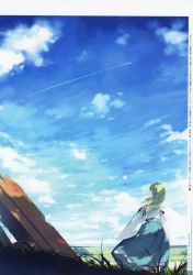 Rule 34 | 1girl, absurdres, bare shoulders, blue skirt, blue sky, cloud, contrail, day, detached sleeves, field, frog hair ornament, from behind, grass, green eyes, green hair, hair ornament, hair tubes, highres, horizon, huge filesize, japanese clothes, ke-ta, kochiya sanae, long hair, long skirt, long sleeves, looking at viewer, looking back, looking to the side, miko, outdoors, profile, scan, shirt, skirt, sky, snake hair ornament, solo, standing, touhou, translation request, wide sleeves