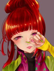 Rule 34 | 1girl, absurdres, blunt bangs, earrings, gnosia, heart, heart earrings, heart tattoo, high ponytail, highres, jewelry, long hair, long sleeves, looking at viewer, mogi gimo, multicolored nails, nail polish, purple eyes, red eyes, red hair, solo, sq (gnosia), tattoo, upper body