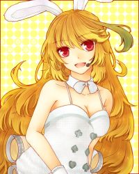 Rule 34 | 1girl, ahoge, animal ears, aqua hair, artist request, blonde hair, bow, bowtie, breasts, cleavage, clubs, detached collar, diamond (shape), dress, grin, headset, heart, long hair, looking at viewer, medium breasts, microphone, milla maxwell, multicolored hair, open mouth, rabbit ears, red eyes, smile, spade, swept bangs, tales of (series), tales of xillia, tales of xillia 2, two-tone hair, very long hair, white dress