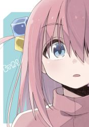 Rule 34 | 1girl, blue eyes, blush, bocchi the rock!, close-up, cube hair ornament, gotoh hitori, hair between eyes, hair ornament, highres, icon 315, jacket, long hair, looking at viewer, one side up, parted lips, pink hair, pink jacket, solo, track jacket, two-tone background