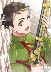 Rule 34 | 1boy, :d, aiguillette, black hair, bungou to alchemist, chain, foreground text, from side, gears, green eyes, green hair, green jacket, gun, holding, holding gun, holding weapon, jacket, long sleeves, looking to the side, male focus, miyoshi tatsuji (bungou to alchemist), multicolored hair, open mouth, outdoors, rifle, road, short bangs, short hair, smile, solo, streaked hair, street, tareme, tukisaya, undercut, upper body, v-shaped eyebrows, weapon