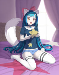Rule 34 | 1girl, animal ears, ashley (miniruri), bed, blue hair, blue panties, blush, body fur, bow, bow panties, breast hold, breasts, choker, commission, cristalavi, furry, furry female, gem, grabbing own breast, hair bow, highres, long hair, medium breasts, open mouth, original, panties, pink bow, shirt, sitting, solo, t-shirt, tail, thighhighs, underwear, very long hair, wariza, white thighhighs, yellow eyes