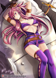 Rule 34 | 1girl, absurdres, armband, armpits, arms up, artist name, bikini, bikini top only, blush, boots, breasts, brown gloves, cameltoe, cleavage, clenched teeth, collarbone, cross-laced footwear, dress, fingerless gloves, fire emblem, fire emblem: the sacred stones, gloves, highres, large breasts, leather, leather gloves, long hair, looking at viewer, lying, marisa (fire emblem), midriff, nintendo, on back, open clothes, open dress, panties, pantyshot, parted lips, patreon username, ponytail, purple bikini, purple eyes, purple hair, purple panties, purple thighhighs, rock, short dress, sidelocks, signature, solo, swimsuit, sword, teeth, thigh boots, thigh strap, thighhighs, thighs, underwear, vilde loh hocen, watermark, weapon, web address