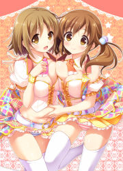 Rule 34 | 2girls, arm around shoulder, ascot, belly grab, belt, blue panties, blush, bow, breast press, breasts, brown eyes, brown hair, cinderella dream, closed mouth, collar, commentary, detached collar, female focus, frilled skirt, frills, frown, hair bow, idol, idolmaster, idolmaster cinderella girls, kanekiyo miwa, layered skirt, leg up, long hair, looking at viewer, low twintails, medium breasts, mimura kanako, miniskirt, multicolored clothes, multicolored skirt, multiple girls, nail polish, navel, open mouth, panties, pink nails, pink panties, pleated skirt, puffy short sleeves, puffy sleeves, red ascot, shirt, short hair, short sleeves, skindentation, skirt, smile, standing, standing on one leg, star (symbol), striped clothes, striped panties, symmetrical docking, tearing up, thighhighs, totoki airi, twintails, underwear, white belt, white collar, white legwear, white shirt, wing collar