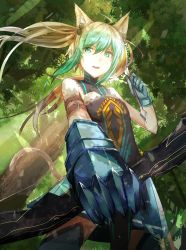 Rule 34 | 1girl, absurdres, ahoge, animal ears, atalanta (fate), blonde hair, bow (weapon), cat ears, commentary request, fate/apocrypha, fate (series), gradient hair, green eyes, green hair, highres, kagerou (gigayasoma), long hair, multicolored hair, open mouth, revision, smile, solo, tail, tree, two-tone hair, weapon