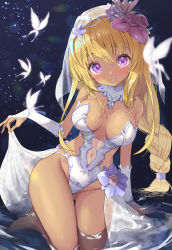 Rule 34 | 1girl, blonde hair, blush, braid, breasts, bridal veil, bug, butterfly, commission, dark-skinned female, dark skin, detached sleeves, dress, flower, hair ornament, highres, holding, holding clothes, holding dress, bug, long hair, looking at viewer, navel, night, nyahu (nyahu 77), original, purple eyes, skeb commission, smile, solo, swimsuit, tan, thighs, veil, water, wedding dress, white dress