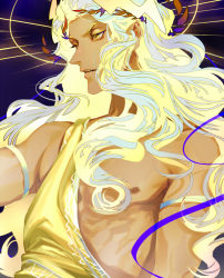 Rule 34 | 1boy, aged down, ancient greek clothes, armlet, bad id, bad pixiv id, blonde hair, changye, glowing, glowing hair, greco-roman clothes, hades (series), hades 1, hair ornament, halo, lightning bolt, lightning bolt hair ornament, lightning bolt symbol, long hair, male focus, solo, tan, toga, wavy hair, yellow eyes, zeus (hades)