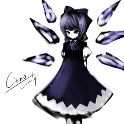 Rule 34 | 1girl, absurdres, bow, character name, cirno, female focus, hair bow, highres, monochrome, noirly, short hair, simple background, solo, touhou, white background, wings