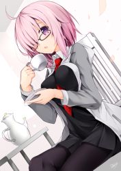 Rule 34 | 1girl, bad id, bad pixiv id, blush, breasts, cup, fate/grand order, fate (series), glasses, hair over one eye, looking at viewer, mash kyrielight, minari (minari37), open mouth, pantyhose, purple eyes, purple hair, short hair, solo, teacup, teapot