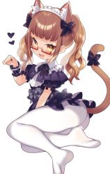 Rule 34 | 1girl, :d, animal ear fluff, animal ears, ass, black bow, black dress, black nails, blush, bow, brown eyes, brown hair, cat ears, cat girl, cat tail, commentary, dress, fang, full body, grey bow, hair bow, hand up, heart, highres, looking at viewer, maid headdress, msp sammy, nail polish, no shoes, open mouth, original, pantyhose, paw pose, puffy short sleeves, puffy sleeves, red-framed eyewear, semi-rimless eyewear, short sleeves, smile, soles, solo, symbol-only commentary, tail, tail bow, tail ornament, tail raised, twintails, under-rim eyewear, v-shaped eyebrows, white pantyhose, wrist cuffs