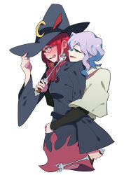 Rule 34 | 10s, 2girls, aqua eyes, belt, black dress, blush, chariot du nord, croix meridies, cuddling, dress, embarrassed, female focus, friends, full-face blush, glasses, hair between eyes, hat, hat hold, holding, holding wand, hug, hug from behind, light purple hair, little witch academia, long dress, long hair, long sleeves, looking at another, looking down, luo., multiple girls, open mouth, red eyes, red hair, round teeth, short hair, shy, simple background, smile, spoilers, standing, teeth, ursula callistis, wand, wavy mouth, white background, wide sleeves, witch, witch hat, yuri