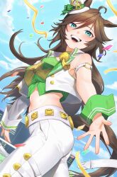 Rule 34 | 1girl, ahoge, animal ears, armband, breasts, brown hair, cloud, commentary, confetti, crop top, cropped jacket, day, green eyes, green shirt, hair between eyes, hair ornament, hairclip, hat, highres, horse ears, horse tail, jacket, long hair, looking to the side, midriff, mini hat, mini top hat, mr. c.b. (umamusume), navel, open mouth, outdoors, outstretched arm, pants, reaching, reaching towards viewer, shirt, single sleeve, small breasts, smile, solo, streamers, symbol-only commentary, tail, tamayume, teeth, top hat, umamusume, upper teeth only, white jacket, white pants