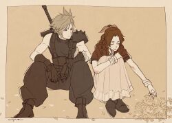 Rule 34 | 1boy, 1girl, aaco, aerith gainsborough, armor, belt, blonde hair, boots, bracelet, braid, brown footwear, brown hair, buster sword, cloud strife, dress, falling petals, final fantasy, final fantasy vii, final fantasy vii remake, flower, full body, gloves, hair ribbon, highres, hugging own legs, jacket, jewelry, lily (flower), long hair, looking at another, parted bangs, petals, pink dress, pink ribbon, red jacket, ribbon, short hair, short sleeves, shoulder armor, sidelocks, sitting, sleeveless, sleeveless turtleneck, spiked hair, square enix, suspenders, turtleneck, weapon, weapon on back