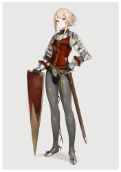 Rule 34 | 1girl, armor, armored gloves, blonde hair, chainmail, hair bun, highres, holding, holding shield, km yama, long bangs, long hair, looking at viewer, original, shield, shoulder armor, simple background, single hair bun, smile, solo, sword, weapon
