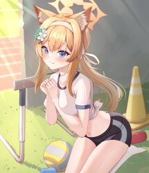 Rule 34 | 1girl, animal ear fluff, animal ears, ball, black shorts, blue archive, blue eyes, blush, breasts, closed mouth, collarbone, flower, grass, gym shorts, gym uniform, hair between eyes, hair flower, hair ornament, halo, highres, long hair, looking at viewer, mari (blue archive), mari (track) (blue archive), navel, official alternate costume, orange hair, shirt, short sleeves, shorts, small breasts, smile, socks, solo, teeth bro, volleyball (object), white flower, white shirt, white socks, yellow halo