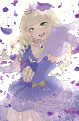 Rule 34 | 1girl, \m/, absurdres, blonde hair, blunt bangs, commentary request, dress, drill hair, elbow gloves, falling petals, frilled dress, frills, gloves, heanna sumire, highres, jewelry, kinacojjs, looking at viewer, love live!, love live! superstar!!, necklace, nonfiction!! (love live!), open mouth, outstretched arm, pearl necklace, petals, puffy short sleeves, puffy sleeves, purple dress, purple gloves, rose petals, short sleeves, simple background, smile, solo, teeth, tiara, upper body, upper teeth only, white background